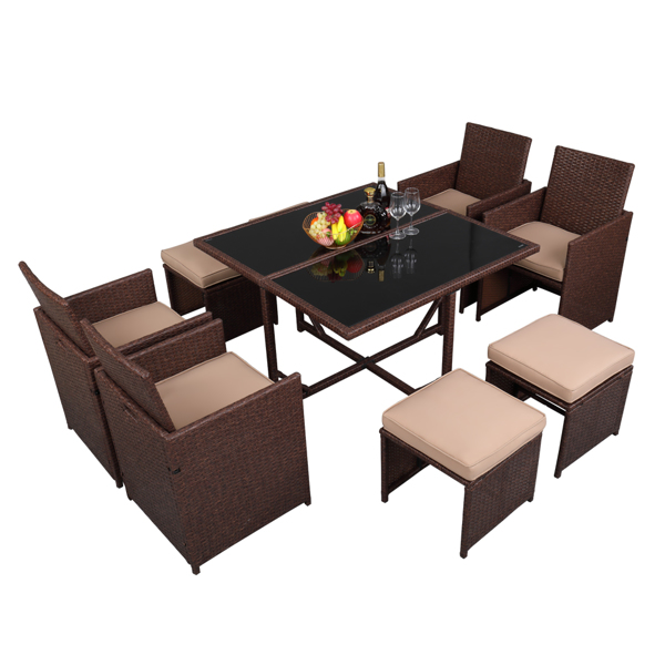 9 Piece Wood Grain PE Wicker Rattan Patio Set