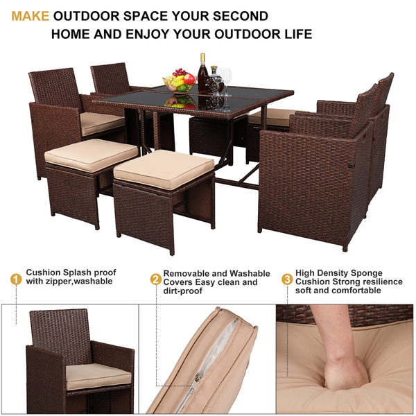 9 Piece Wood Grain PE Wicker Rattan Patio Set