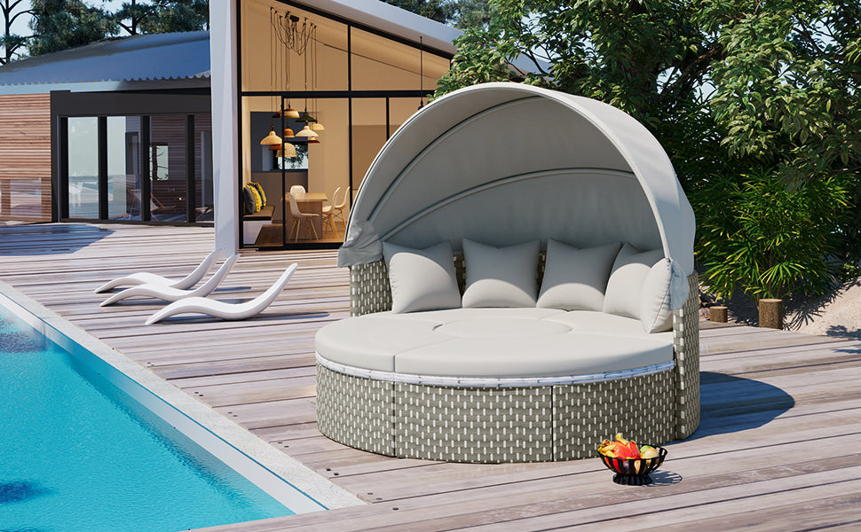 Outdoor Sectional Sofa PE Rattan Gray with Canopy