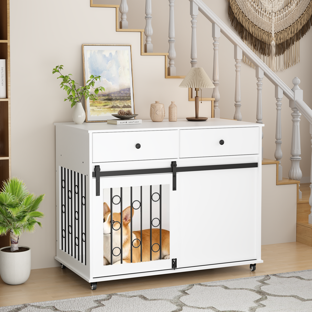 Modern Wooden Dog Crate with Sliding Barn Door