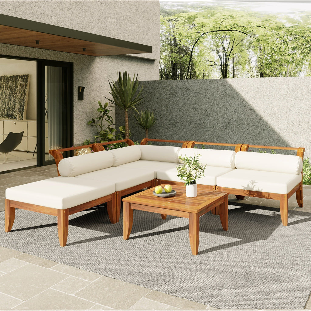 6-Piece Outdoor Sectional Sofa Set Acacia Wood Teak and Beige