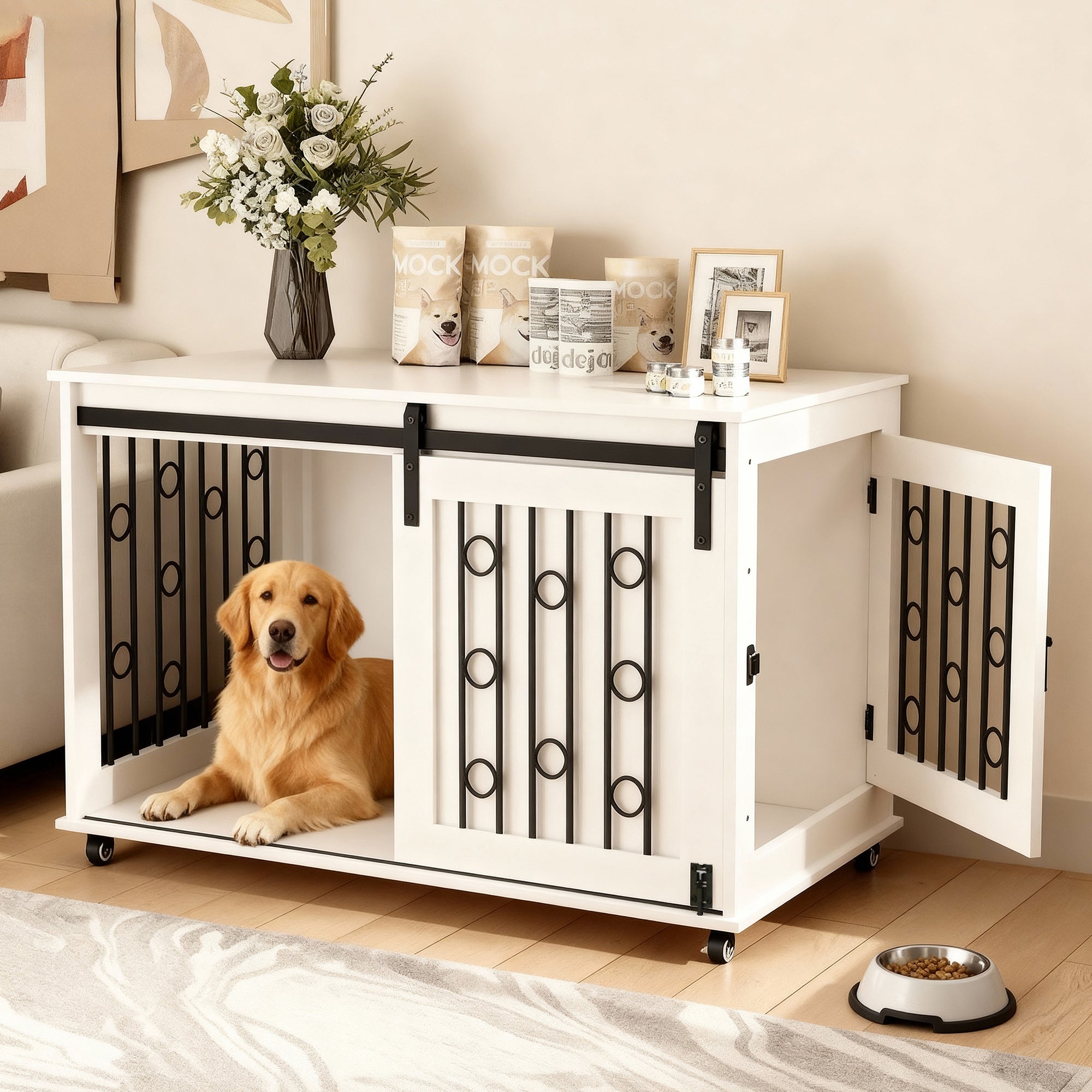 Modern Wooden Dog Crate with Sliding Barn Door